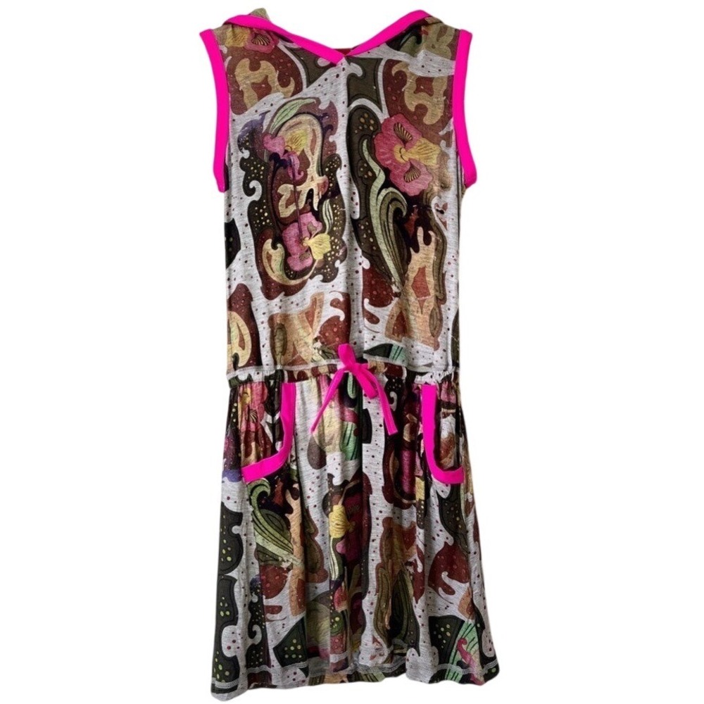 Oilily Girl's Sleeveless summer Dress Sz 12 Pockets Hood Sporty Pink Gray